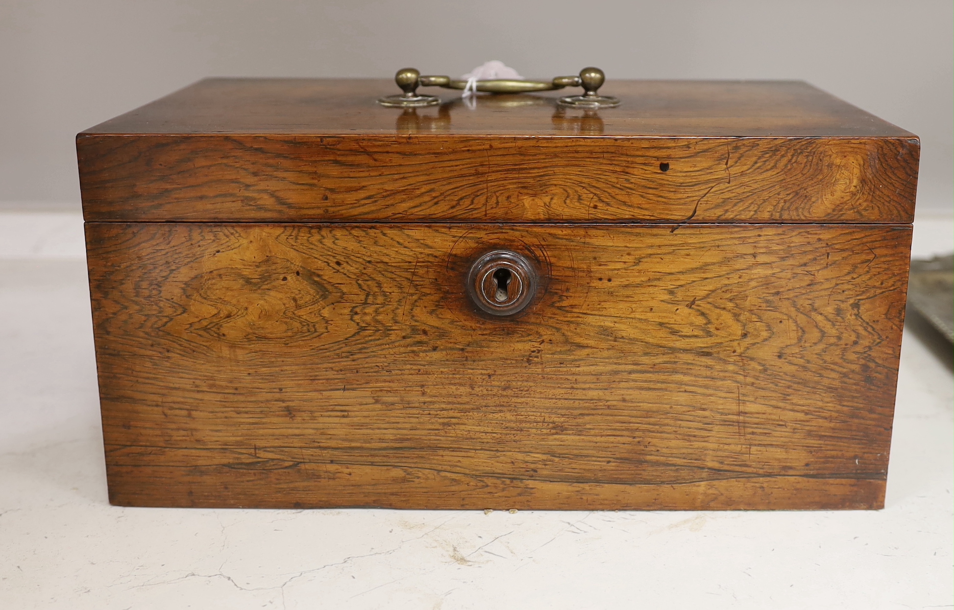 A George IV rosewood twin canister tea caddy, a chequer inlaid box and a leather blotter pad (3)